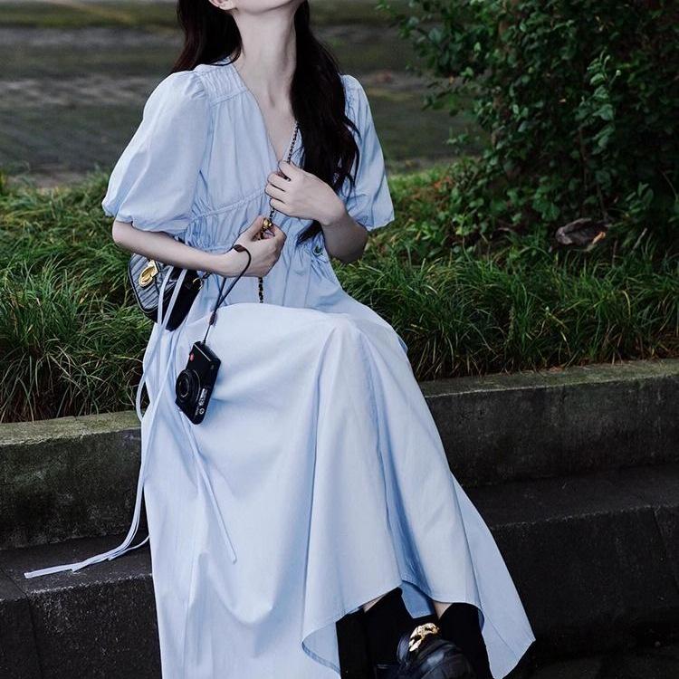 French Blue V-Neck Puff Sleeve Tea Break Dress - Women's Summer Slimming Lace-Up Waist Elegant Skirt