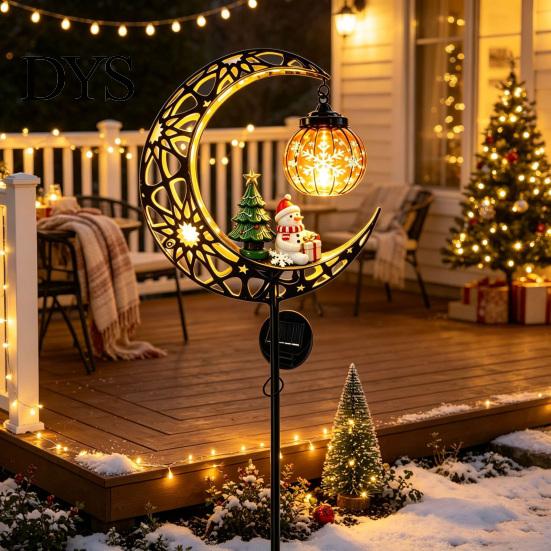 Outdoor Christmas Decorative Stakes Solar Moon Light, Santa Snowman Crescent Garden Stake Warm Weather Resistant Lawn LED Glow, Festive Pathway Light