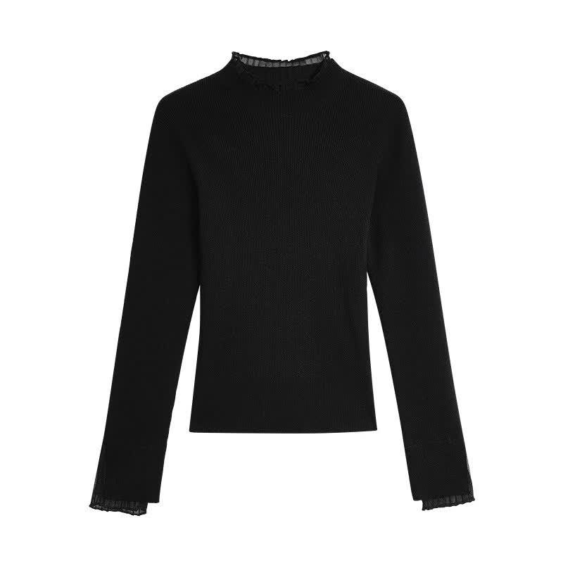 INMAN Women s Ribbed Mock Neck Lace Trim Pullover Sweater S