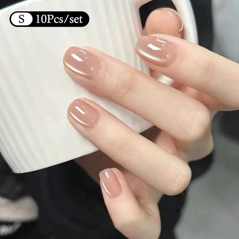 10Pcs Trendy Simple Solid Color Cat Eye Nail Art Fake Nails Long Lasting Fake Nails For Women Daily Office Party Manicure