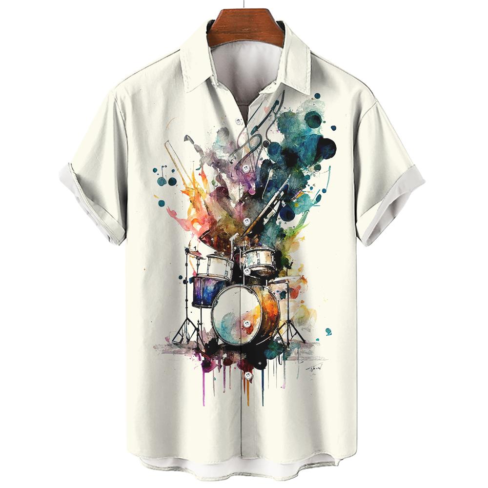Hawaiian Rock Beach Shirt For Men 3d Saxophone Guitar Printed Colorful Music Short Sleeve Casual Oversized Tops Blouse