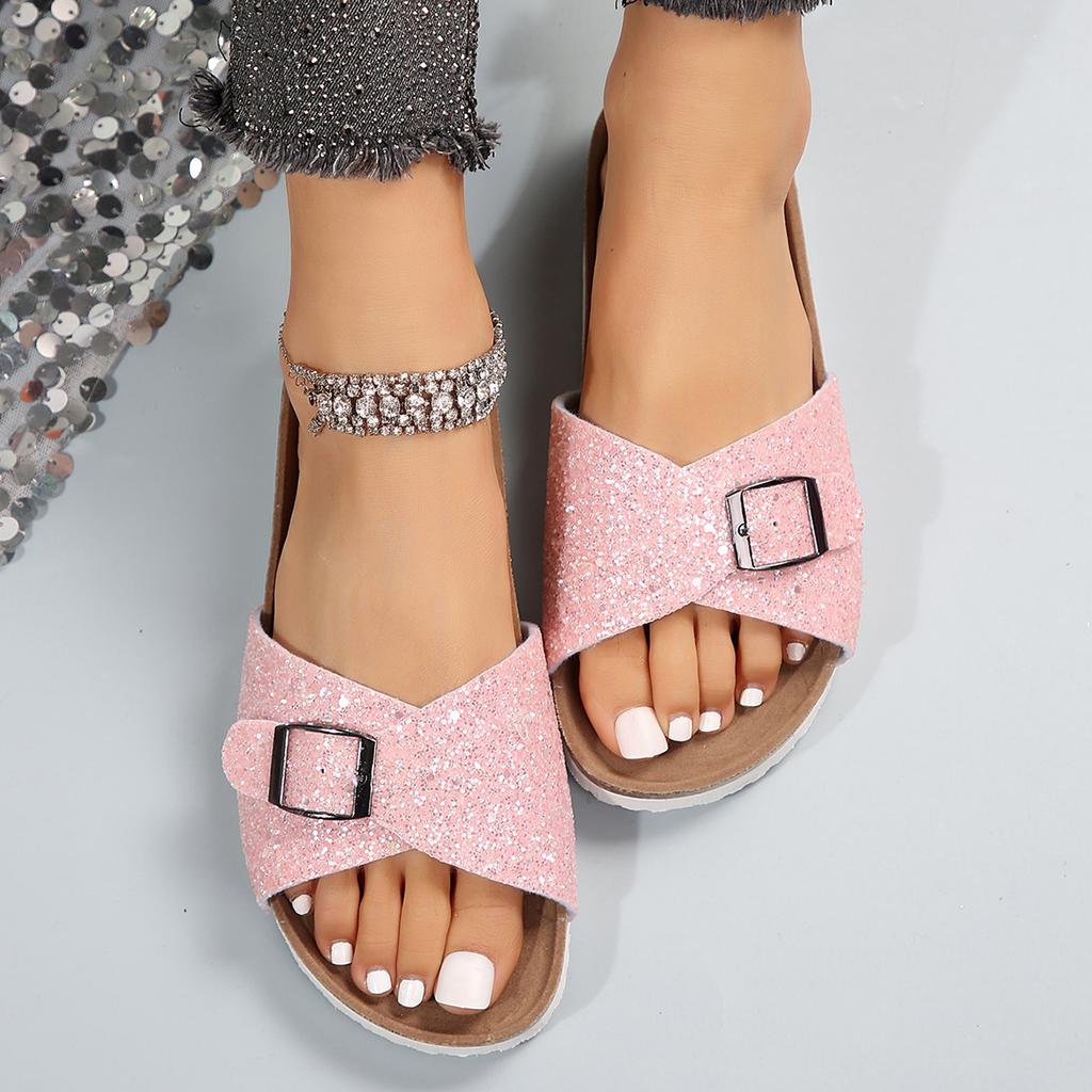 Fashion 2025 Fashionable Sequins Slippers Women Outside Fashion Summer Flat Bottom New Non-slip Internet Celebrity Flip-flops Slippers