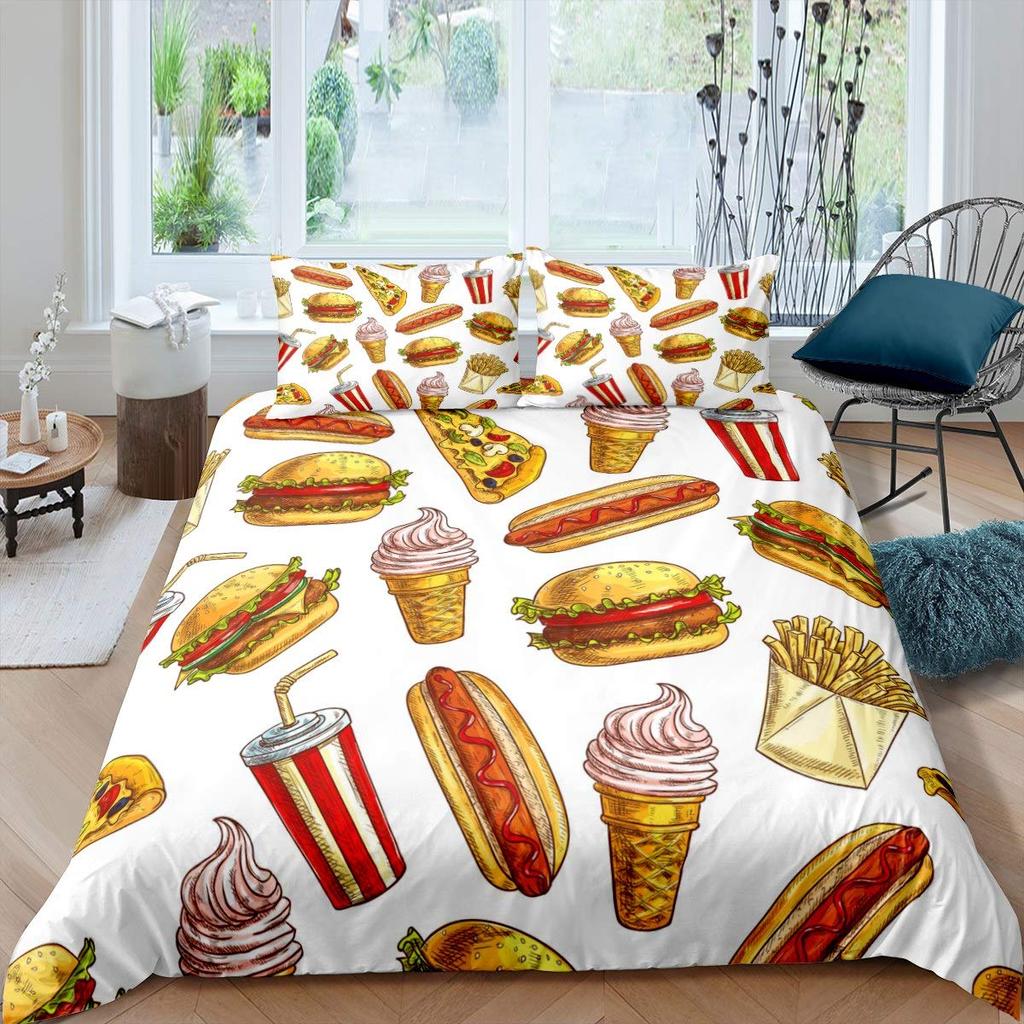 Set Biancheria da Letto con Stampa Hamburger Vintage 3D per Amanti del Fast Food Copripiumino con Stampa Cheeseburger 3 Pezzi Copriletto Divertente Creativo Matrimoniale