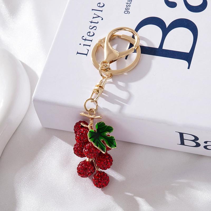 

1 шт. Маленький кулон с листьями Виноград Брелок для женщин девочек Полностью стразы Милый брелок для ключей автомобиля Подвеска для сумки Имитация фруктов красный