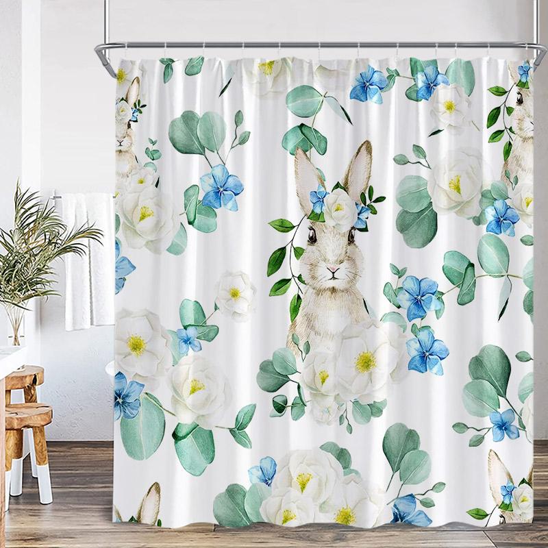 

Funny Easter Shower Curtains Cute Bunny Pink Farm Truck Dogs Watercolour Floral Rabbit Eggs Bathroom Curtain Decor With Hooks W60H190(CM)-1 Pcs