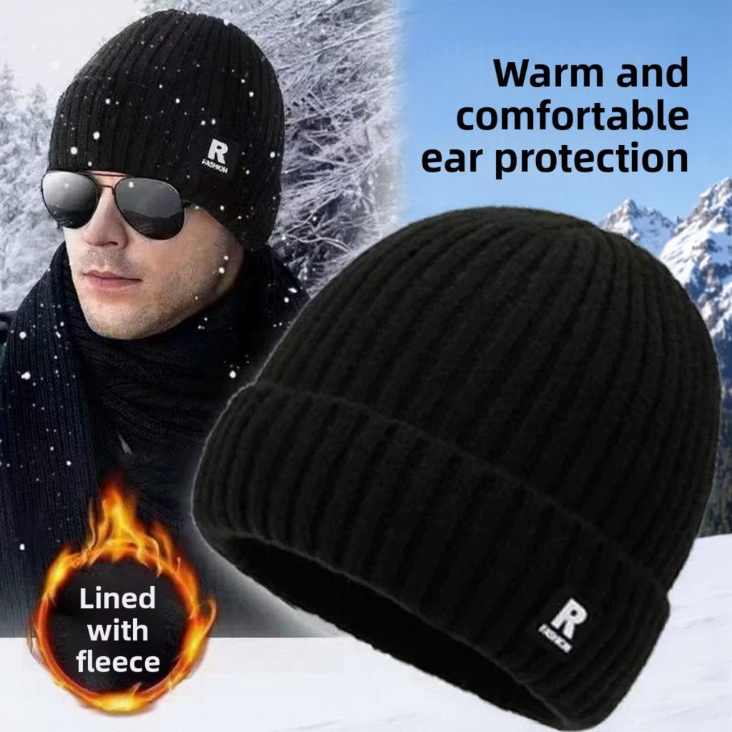 Men's Large-Fit Fleece-Lined Beanie - Thermal Knit Hat with Ear Flaps for Winter & Skiing