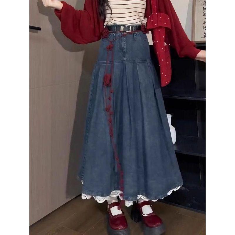 

Autumn Outfit Complete with Korean-Style Red Camisole, Knitted Cardigan, and Denim Midi Skirt Three-Piece Set for Women Denim Skirt M [Recommendation 40-50kg]