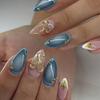 Pack Of 1Set French Style 3D Bows Blue Green Gradient Almond Shape Fake Nail ABS Material For Women