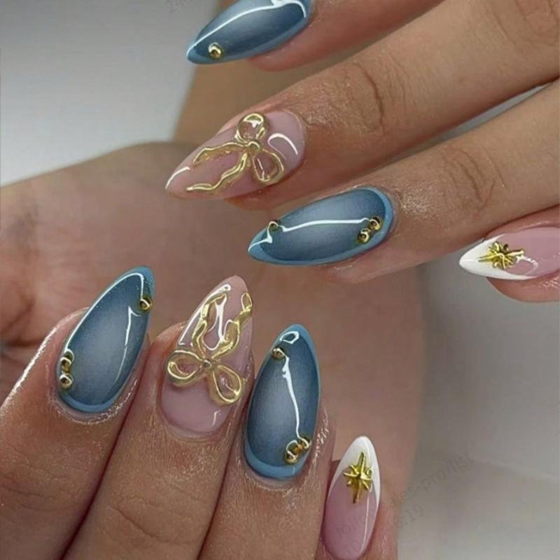 Pack Of 1Set French Style 3D Bows Blue Green Gradient Almond Shape Fake Nail ABS Material For Women