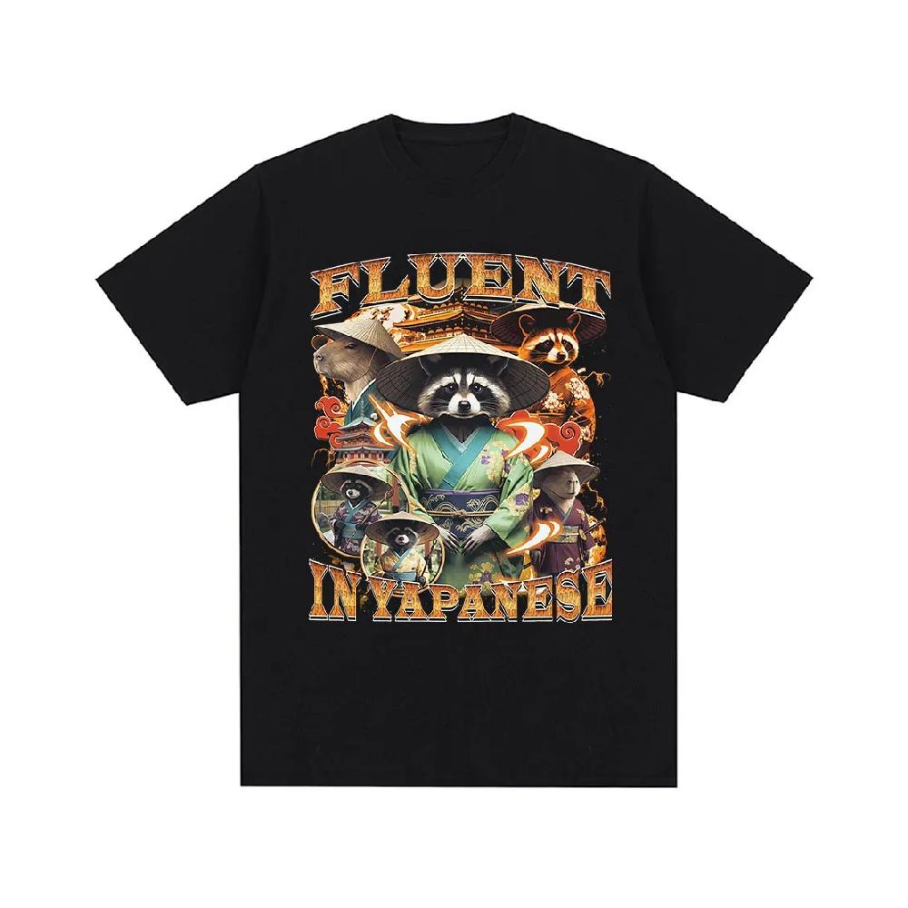 

Fluent in Yapanese Funny Civet Cat Meme Graphic T-shirt Men Women Clothing Fashion Vintage Oversized Cotton Summer Streetwear S