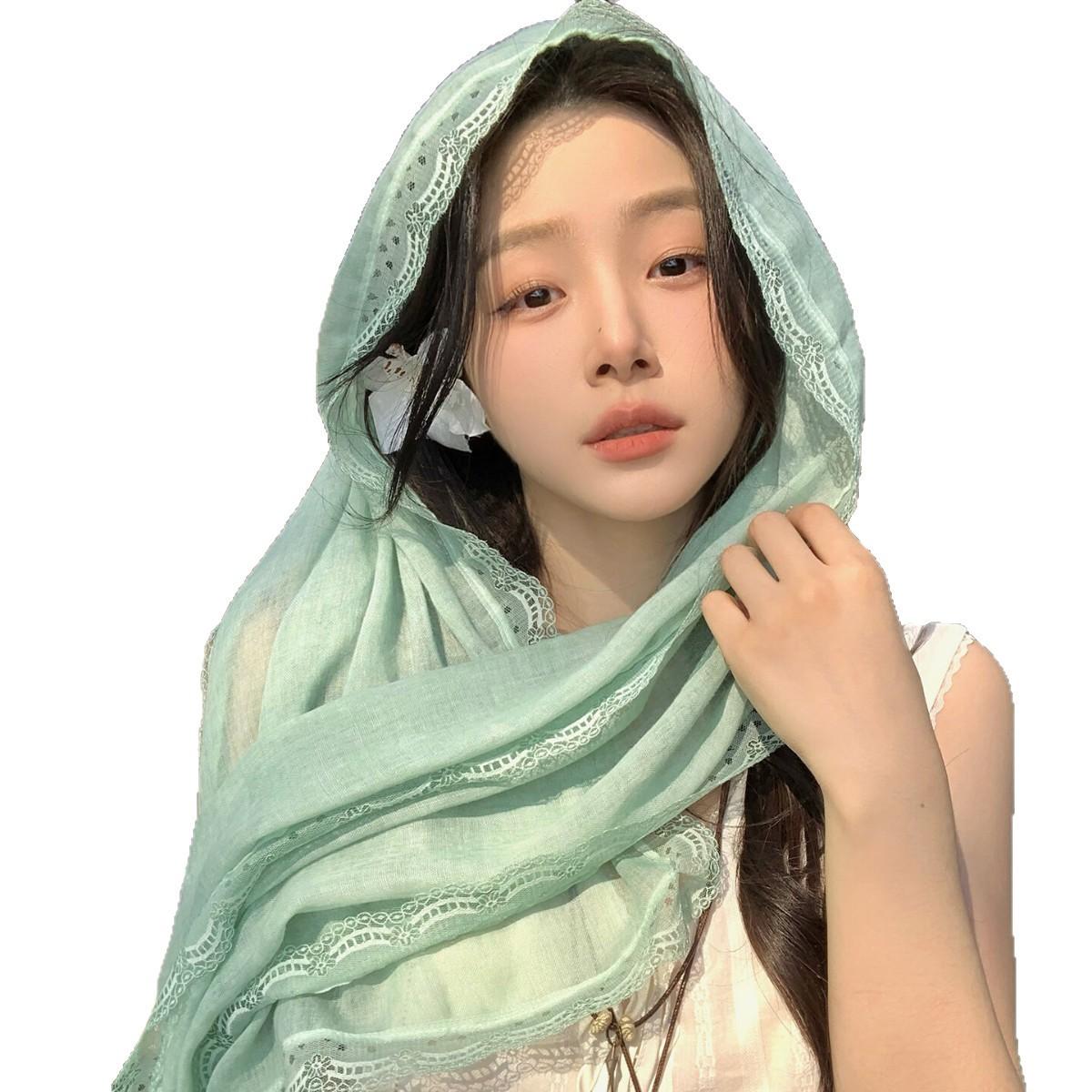 Women Cotton Linen Scarf with Lace Trim, Lightweight Solid Color Shawl for Beach Travel L зелёный