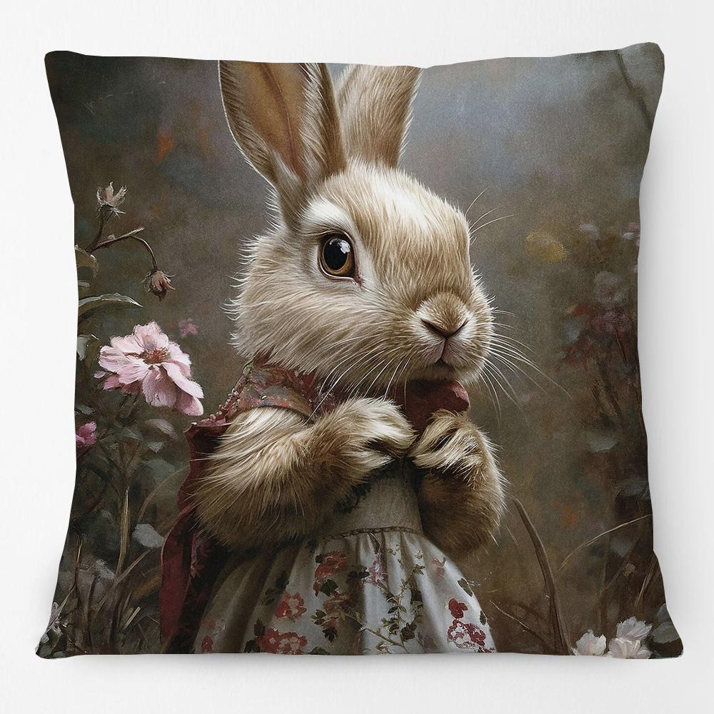 Vintage Easter Girl Cushion Cover Victorian Rabbit Bunny Portrait Print Decorative Pillow Case