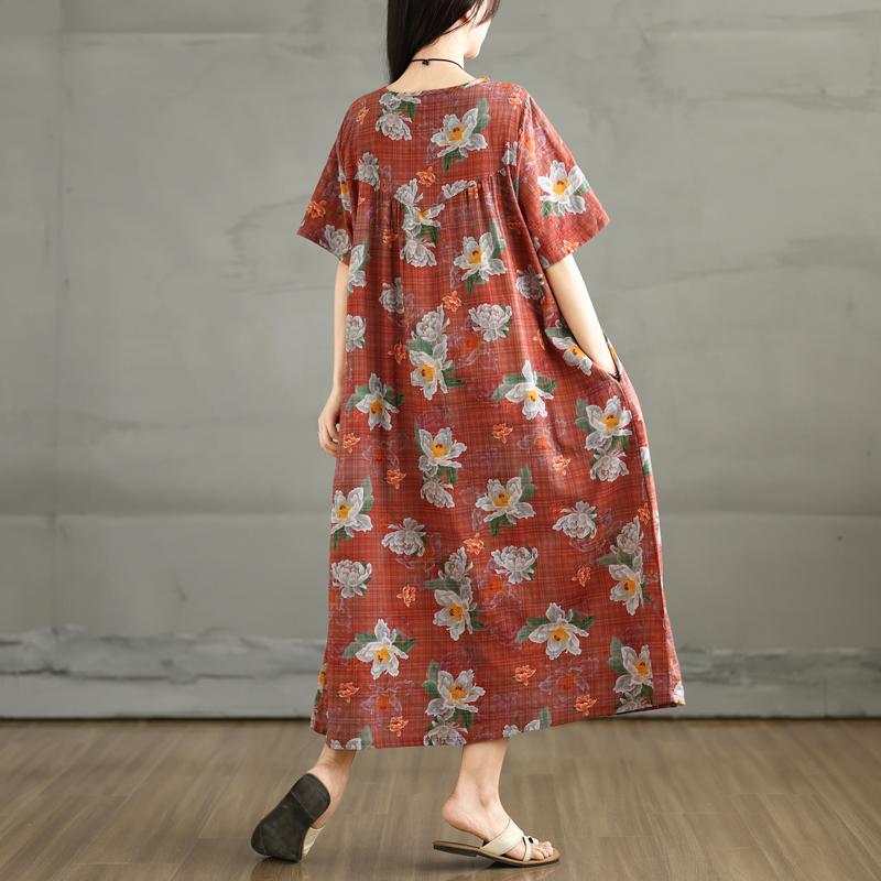 DIMANAF 2025 Plus Size Summer Dress Women New Floral Vintage Long Casual O-Neck Dress Loose Dress Maxi