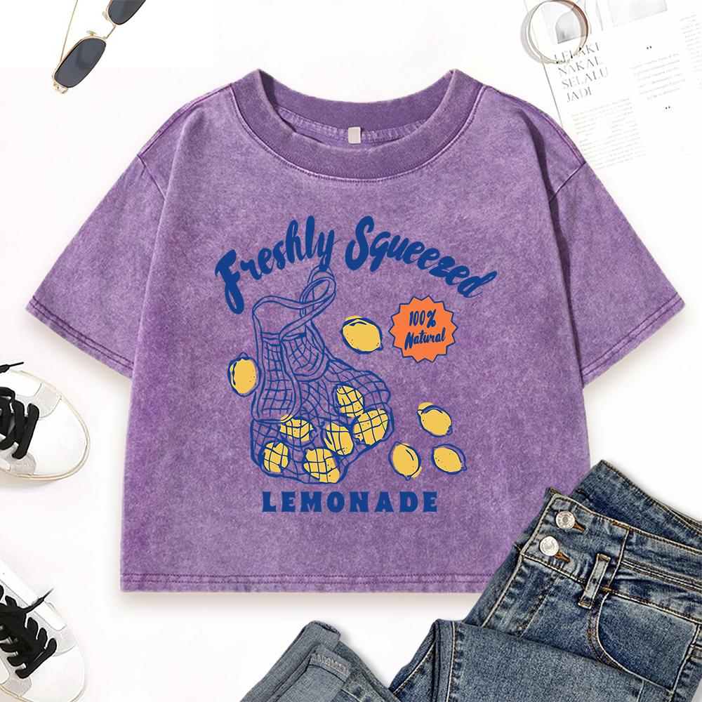 Freshly Squeezed Lemon Juice Printed Washed Slim Tee Shirt Women Crop Summer T-Shirts Casual Cotton Top