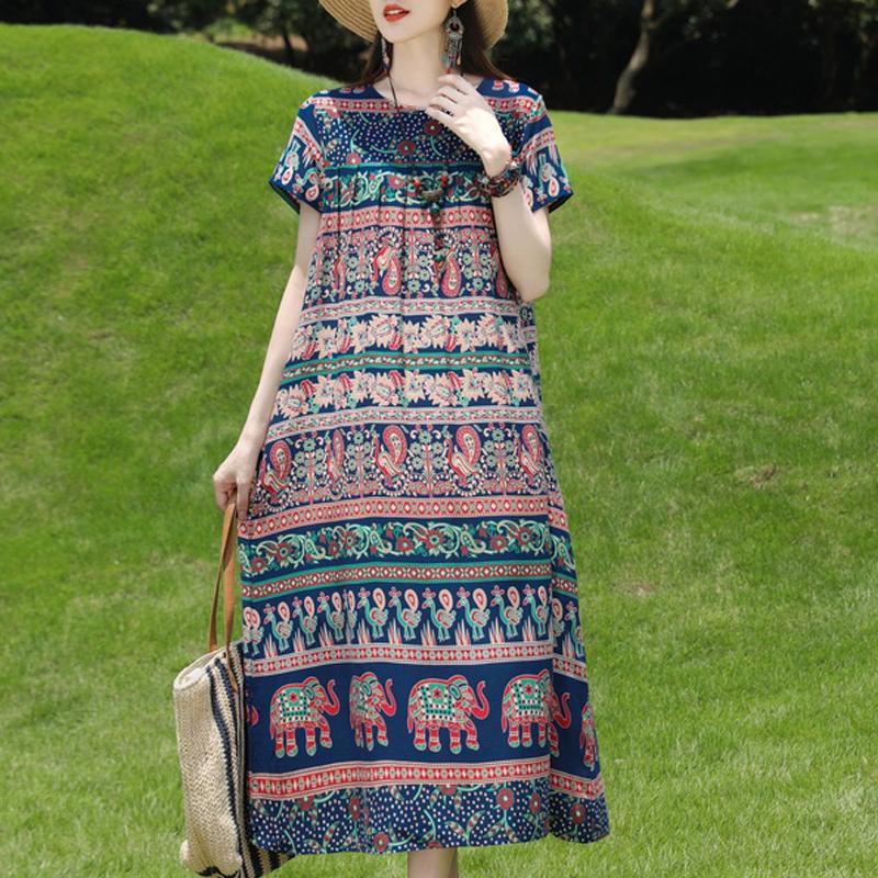 Damen Plus Size Boho-Print Maxikleid, Kurzarm Freizeit-Sonnenkleid (XL-5XL)