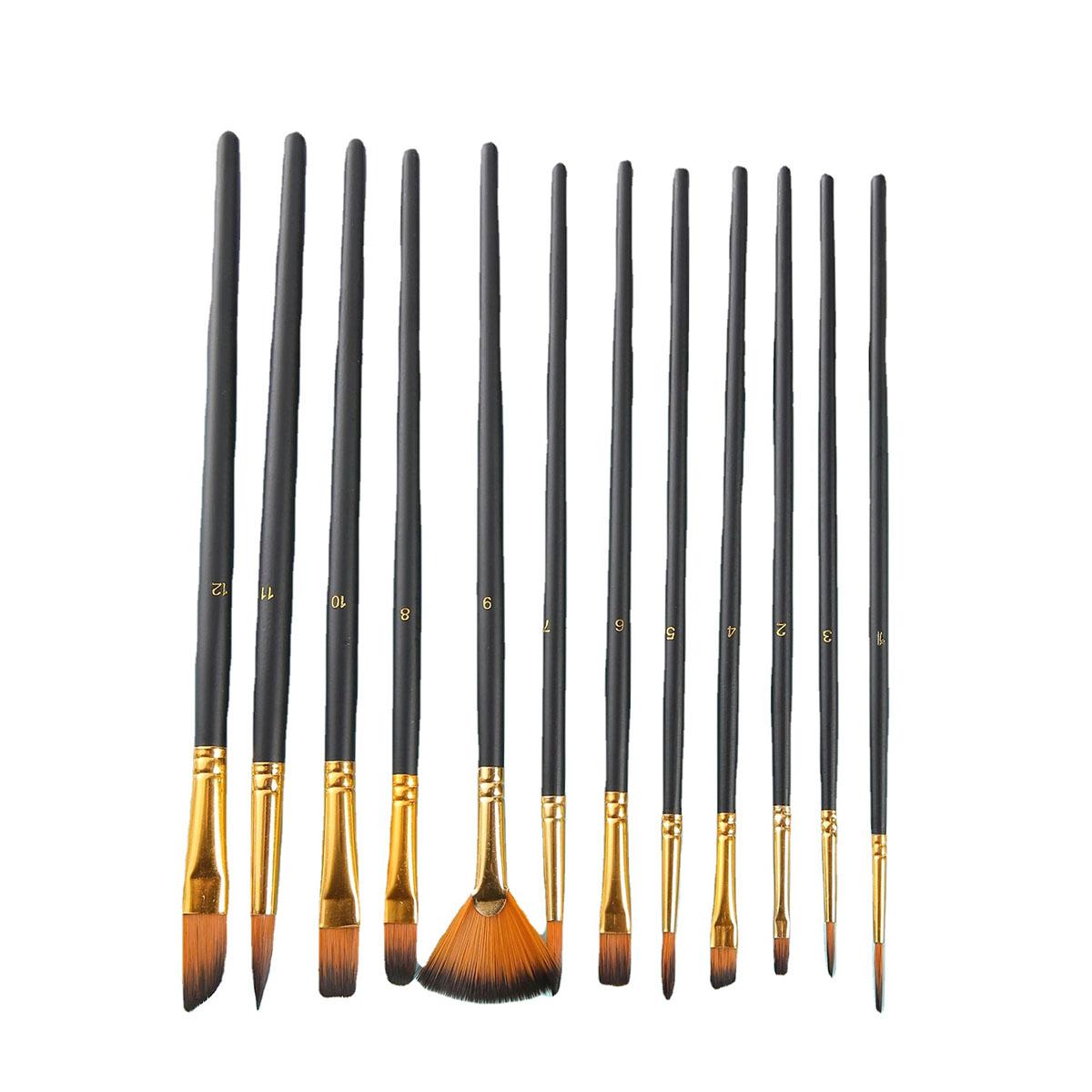 

Набор из 12 кистей из нейлоновой щетины, нейлоновые плоские кисти, акварельные кисти, кисти для масляной краски для художников, любительская акриловая живопись чёрный