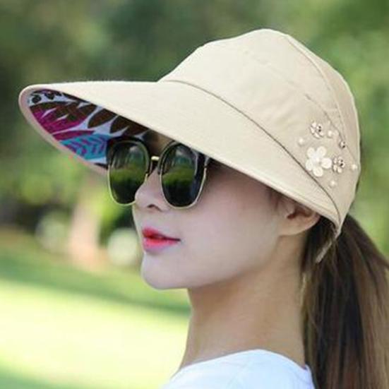 Women Solid Color Wide Brim Beads Flower Decor Sun Hat Visors Outdoor Sports Cap
