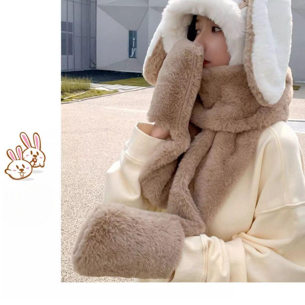 Thicken Plush Scarf Hat Gloves Set Keep Warm Plush Scarf Cute Hooded Scarf  Women Girls
