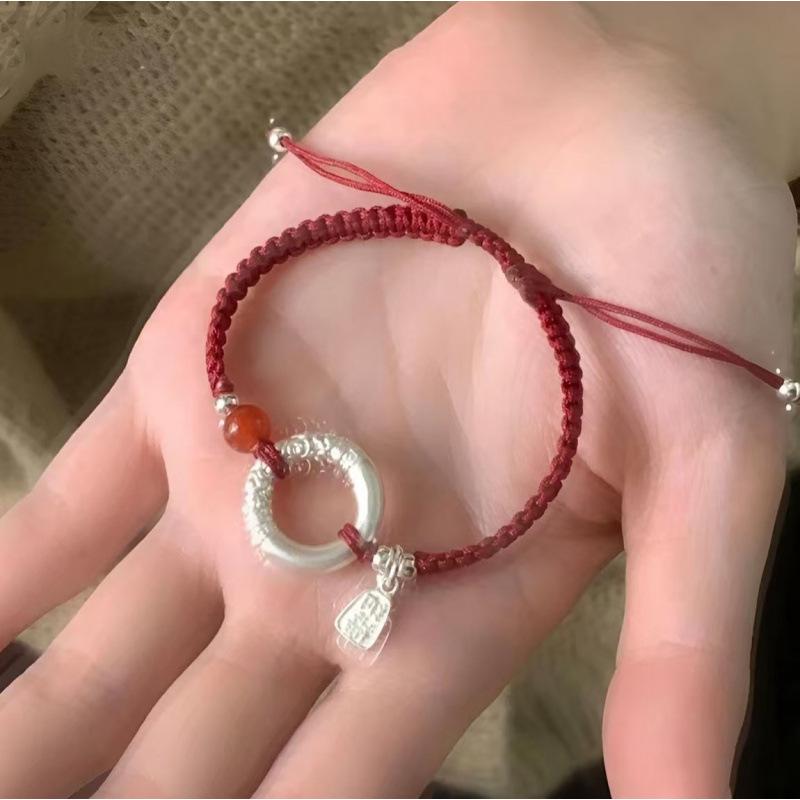 Retro Chinese-Style 999 Sterling Silver Bracelet with Ping'an Buckle and Love Beans