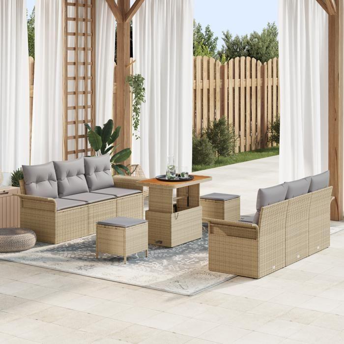 Ensemble de Sofa de Jardin 9 Pièces avec Coussins Beige Rattan Poly Acacia, Sofa de Jardin 2 Places avec Rangement 3364042