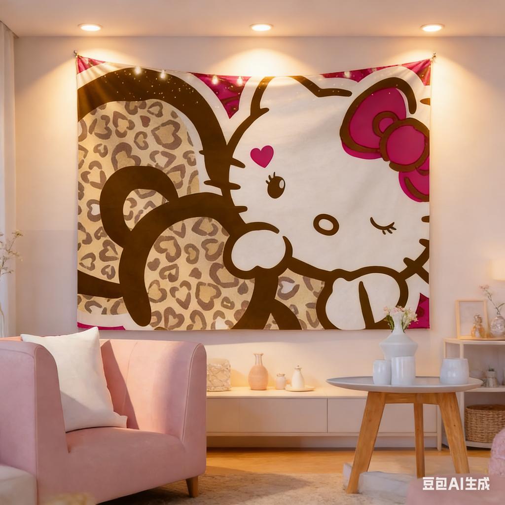 1pc Hello Kitty Leopard Print Tapestry Polyester 2D Flat Wall Hanging for Bedroom Living Room All Season Home Decor Gift