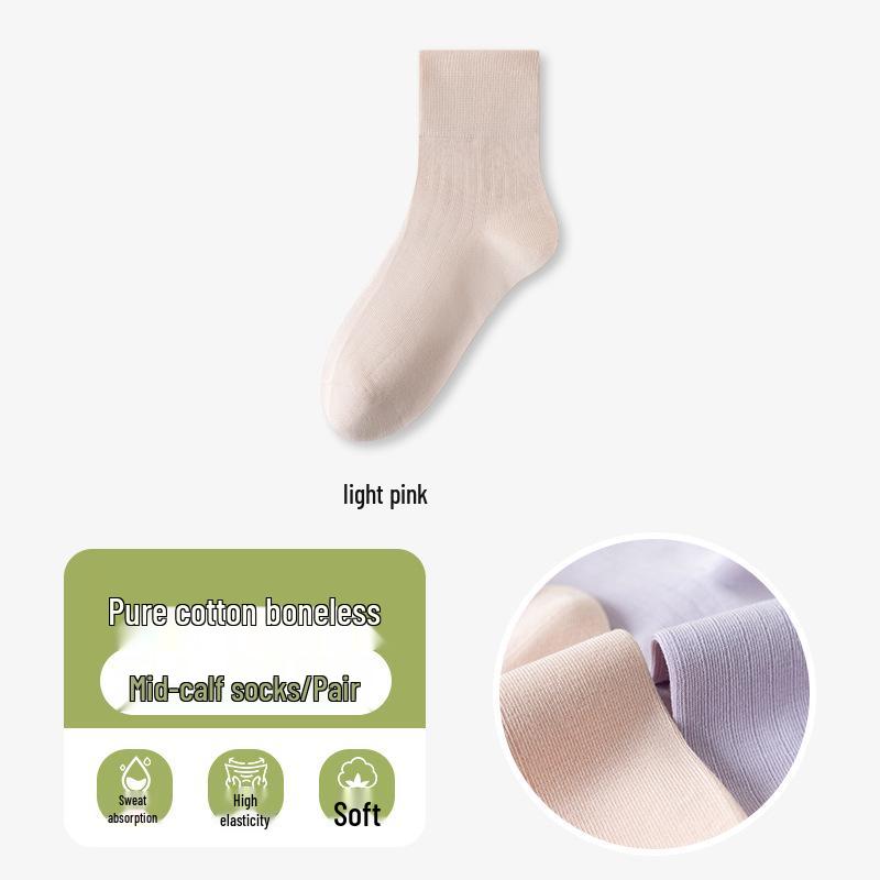 Women's Seamless Thin Cotton Mid-High Socks - Solid Colors, Odor-Resistant, Sweat-Absorbing, Ideal for Spring & Summer