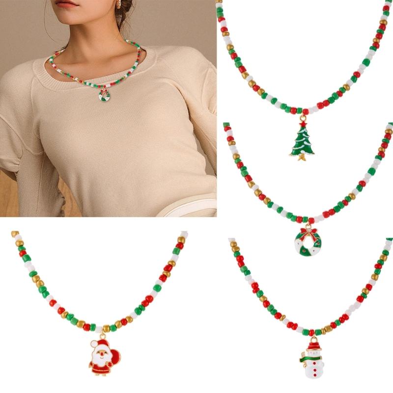 Santa Claus Christmas Tree Pendant Necklace Beads Jewelry Elegant Holiday Gift For Women’s Festive Occasion Outfits