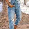Overall, einfarbig, schmale Latzhose, Damen, ärmellose Taschen, zerrissene Löcher, Hosenträgerhose für die Arbeit