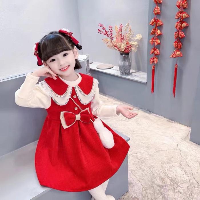 

Милый комплект из двух частей в корейском стиле: Теплая рубашка с длинными рукавами и низом, осеннее платье-жилет с воротником-стойкой 2024 года 100 cm красный