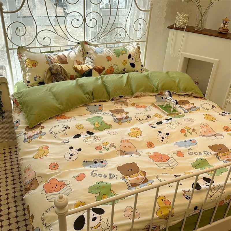 Candy House Cute Girl Heart Washed Cotton Four-piece Dormitory Single Quilt Set Three-piece Sheet Set