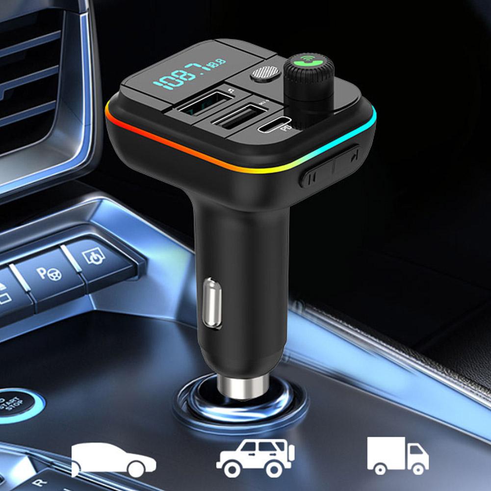 Car Fast Charge Bluetooth 5.0 FM Transmitter PD Dual Player Music Type-C Colorful Ambient MP3 Light Cigarette Lighter USB