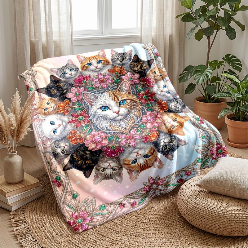 Floral Cats Artwork Theme blanket Lightweight Warm Flannel Blanket Decorative Throw Blanket for Home Decoration