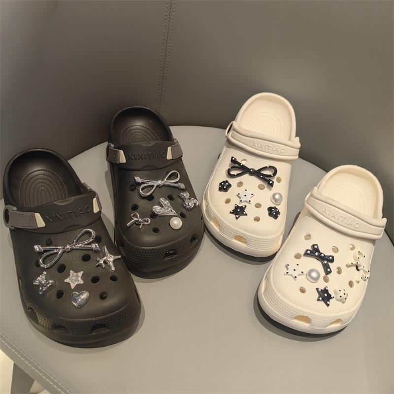 1 Set Black White Dot Shoe Charms Set Diy Bow Star Pearl Shoe Decorations Silver Advanced Detachable Buckle Shoes Accessories
