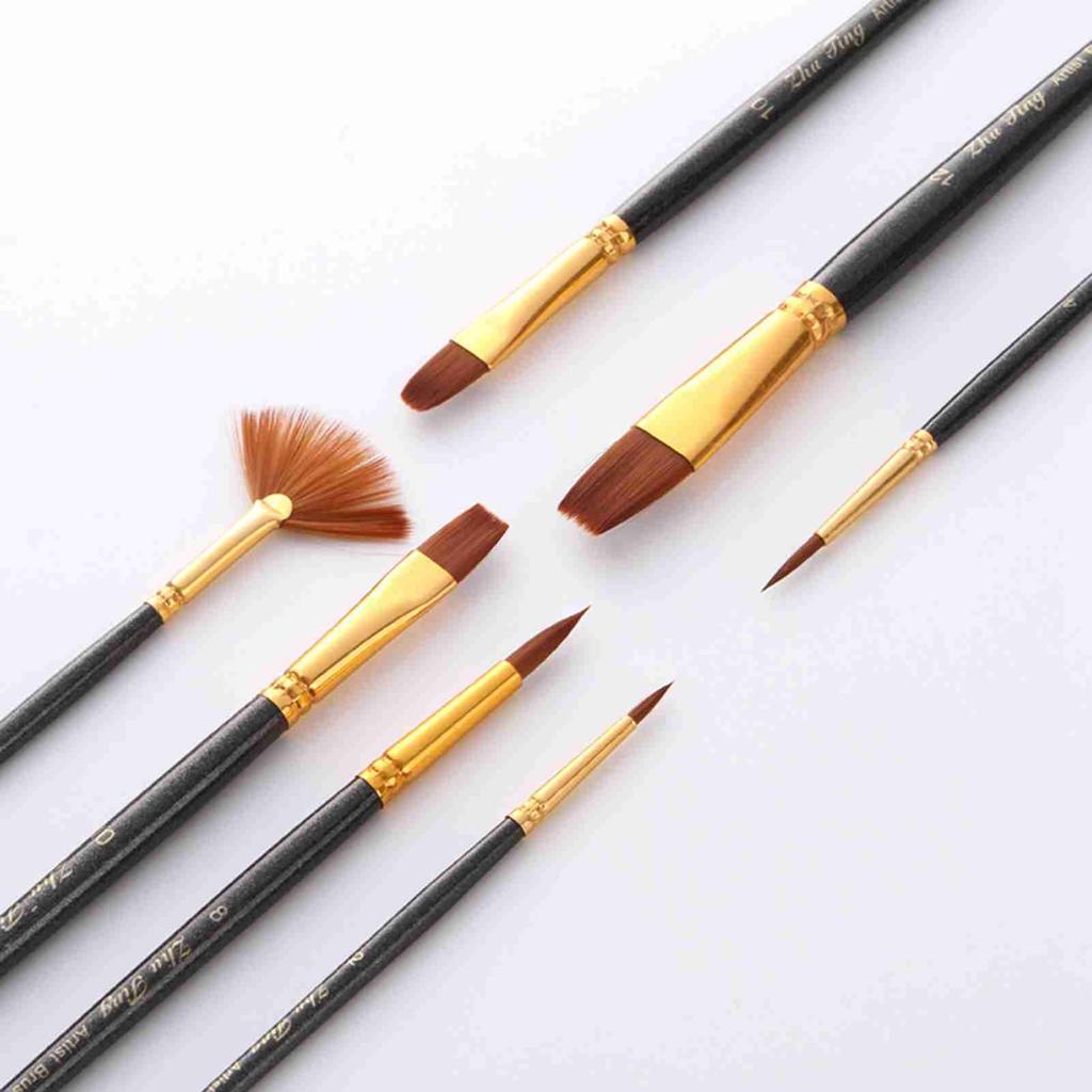 7pcs set Art Paint Brushes Set Round & Flat & Filbert & Fan Tips Professional Drawing Paintbrushes Nylon Hair Wooden