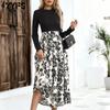 Damenmode Frühling Herbst Blumenmuster Druck Langarm O-Ausschnitt Hohe Taille Freizeitkleider