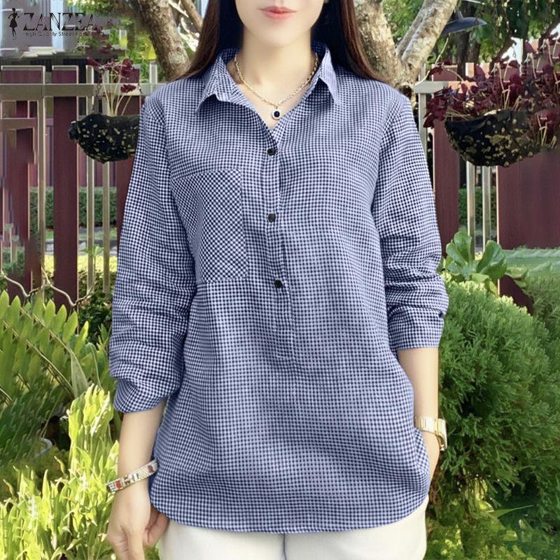 ZANZEA Women Casual Turn Down Collar 3/4 Sleeve Loose Grid Print Blouse S синий