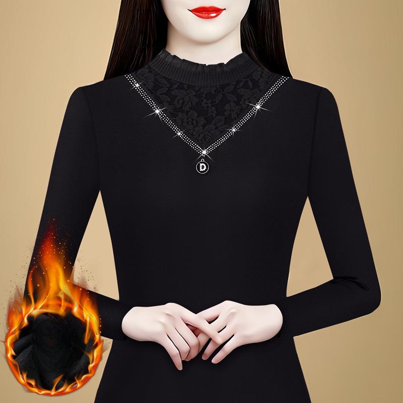 

Новая зимняя двухсторонняя базовая рубашка из немецкого бархата, утолщенный теплый топ, глажка бриллиантами, облегающая футболка, маленькая рубашка для женщин 4XL