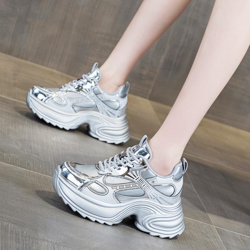 Fashion 9CM Chunky Sneakers for Women Genuine Leather Women Casual Shoes Women Spring Fashion Sneakers Walking Shoes Platform Heel Wedge