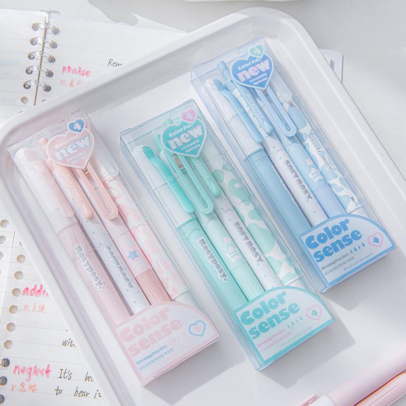 4pcs Color Sense Writing Pens Set Cream Highlighter Black Gel Ink Pen Marker Liner