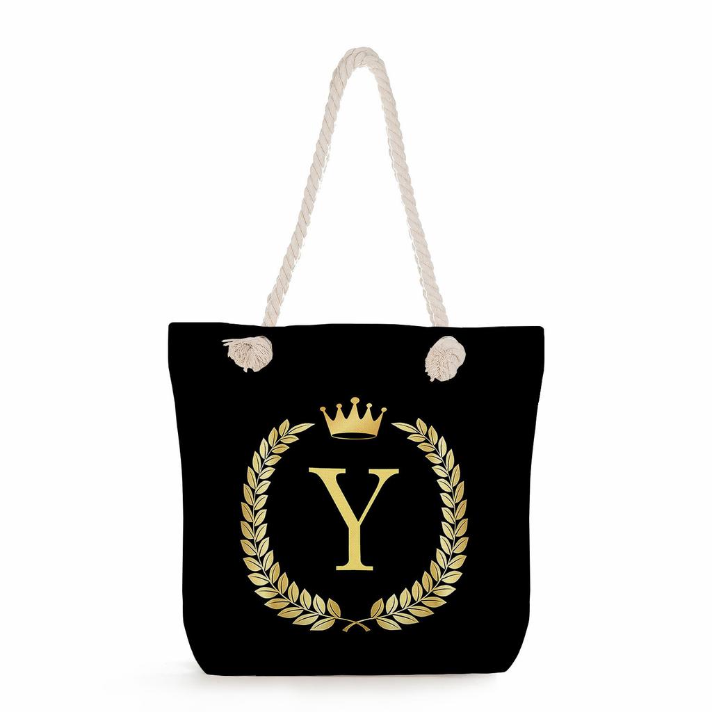 Black letters on a black background print thick rope single-shoulder beach bag 7289 CLE