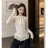 Bow hem lace splicing long-sleeved t-shirt women's spring and autumn French sense pure desire style slim-fitting bottoming top