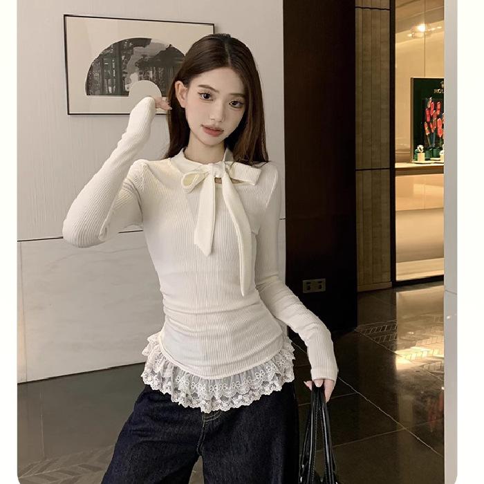 Bow hem lace splicing long-sleeved t-shirt women's spring and autumn French sense pure desire style slim-fitting bottoming top