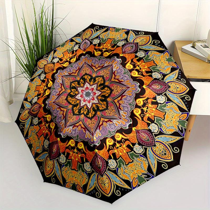 1pc Mandala Pattern Automatic Folding Umbrella - Portable Foldable Design with 8 Ribs, Durable Plastic & Iron Frame, Casual Outdoor Accessor