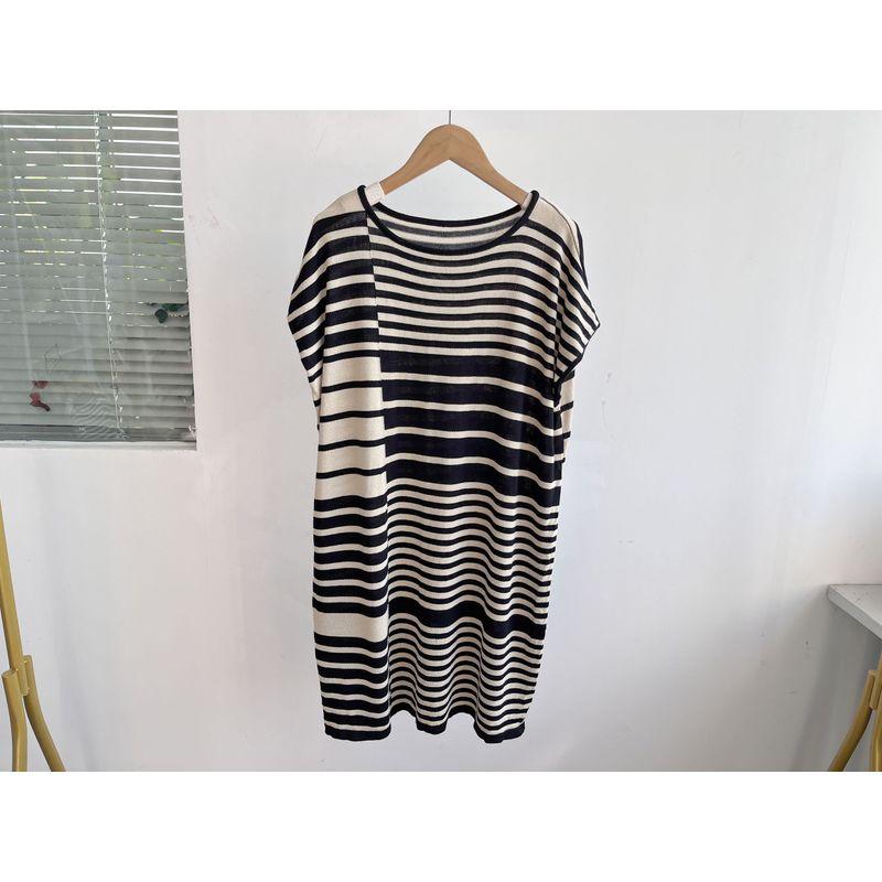 

Летнее платье с небольшим дефектом, круглый вырез, полоски, повседневный пуловер, клетка, стильная мода, универсальное, свободное и простое Y10 Apricot Black Stripes S