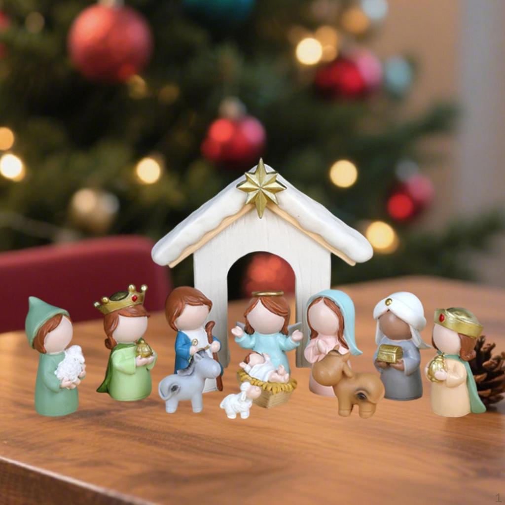 12 kusů Kreslená Vánoční Sada Figurky Narození Páně Pryskyřičná Soška pro Domácí Kancelářskou Dekoraci Ručně vyráběná