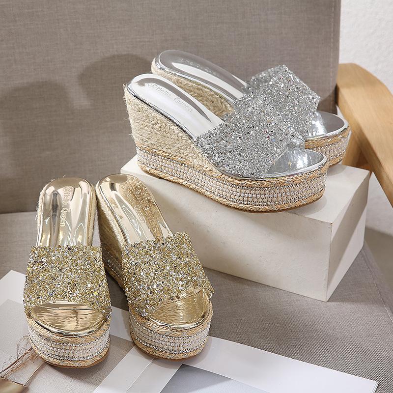 2026 Summer Crystal Sandals with Thick Bottom Fashion Slippers and High Heels for Women