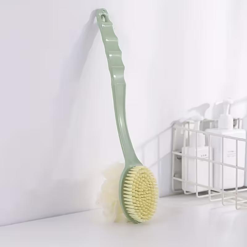 Double-Sided Long Handle Bath Brush Soft Sponge & Bristle Shower Scrubber for Deep Cleaning and Body Exfoliating