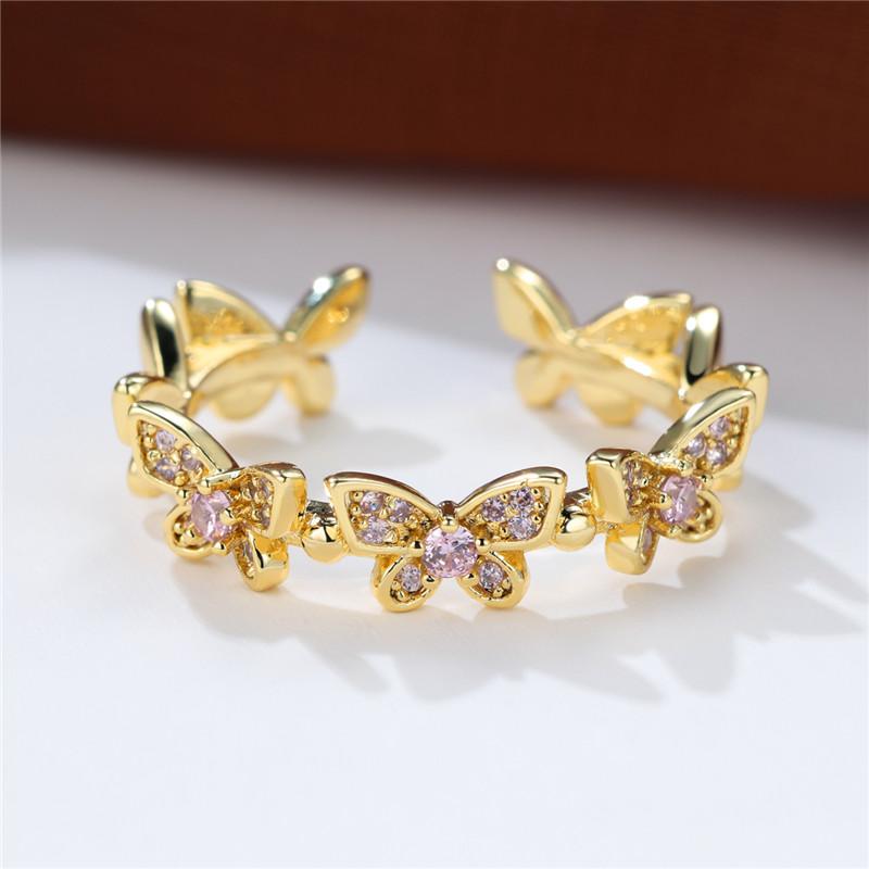 Cute Female Small Green Butterfly Adjustable Ring Vintage Yellow Gold Color Engagement Wedding Jewelry For Women