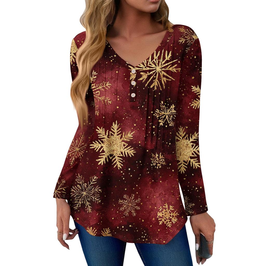 Women's Fashion Casual Christmas Tree Print V-Neck Decorative Button Long Sleeve T-Shirt Top