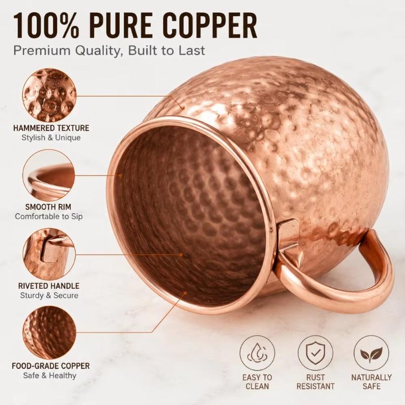 1Pc Pure Copper Mug 500ml Solid Metal Coffee Cup 17oz Cocktail Beer Milk Drinking Mug for Bar Kitchen Party Beverage Use